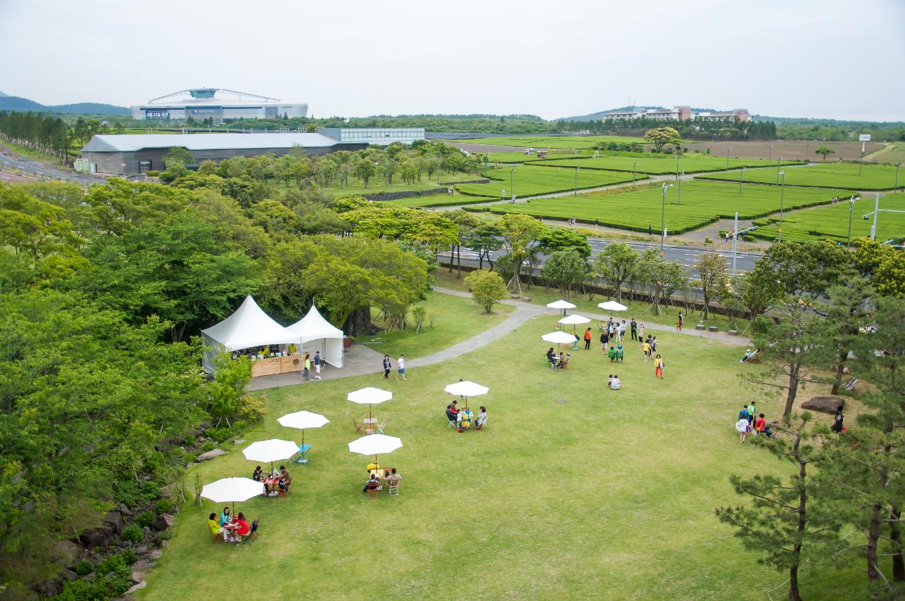 Aerial view of park with umbrellas and tents
