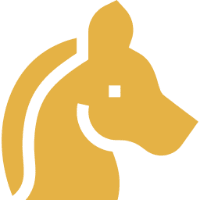Golden dog head logo on black background
